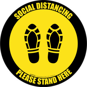 Social Distancing Please Stand Here 6 Ft Apart Shoe Prints Black Yellow Border Circular - Floor Sign