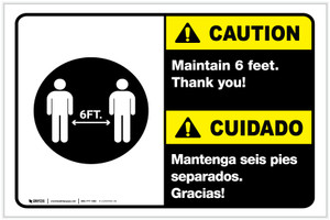 Caution: Maintain 6 Feet Bilingual Spanish with Icon Landscape - Label