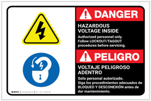 Danger: Hazardous Voltage Inside Follow Lockout Tagout Bilingual Spanish - Label