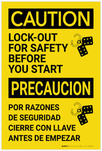 Caution: Lockout For Safety Before You Start Bilingual Spanish - Label
