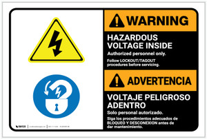 Warning: Hazardous Voltage Follow Lockout Procedures Bilingual Spanish - Label