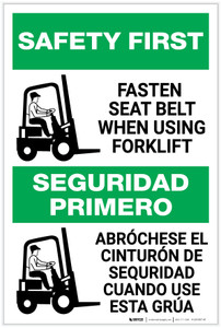Safety First: Fasten Seat Belt When Using Forklift Bilingual Spanish - Label
