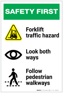 Safety First: Forklift Traffic Look Both Ways Pedestrian Walkways - Label