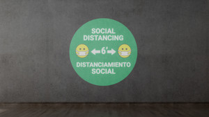 Social Distancing with Facemask Emoji Bilingual Spanish Green - SignCast™ S200 Virtual Sign