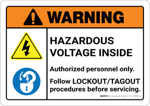 Warning: Hazardous Voltage Inside Follow Lockout Tagout Procedures with Icons Landscape ANSI - Wall Sign